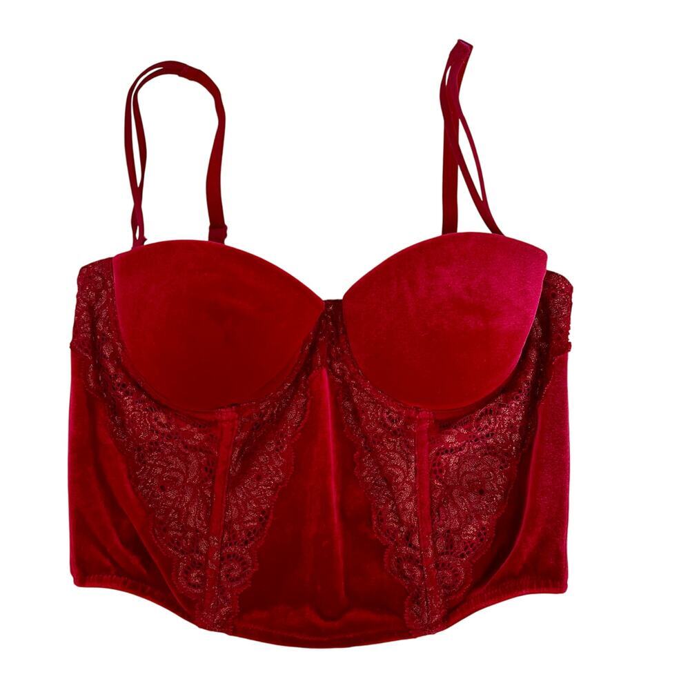 Victoria's Secret Red Velvet Lace Longline Bustier Corset Bra 34B